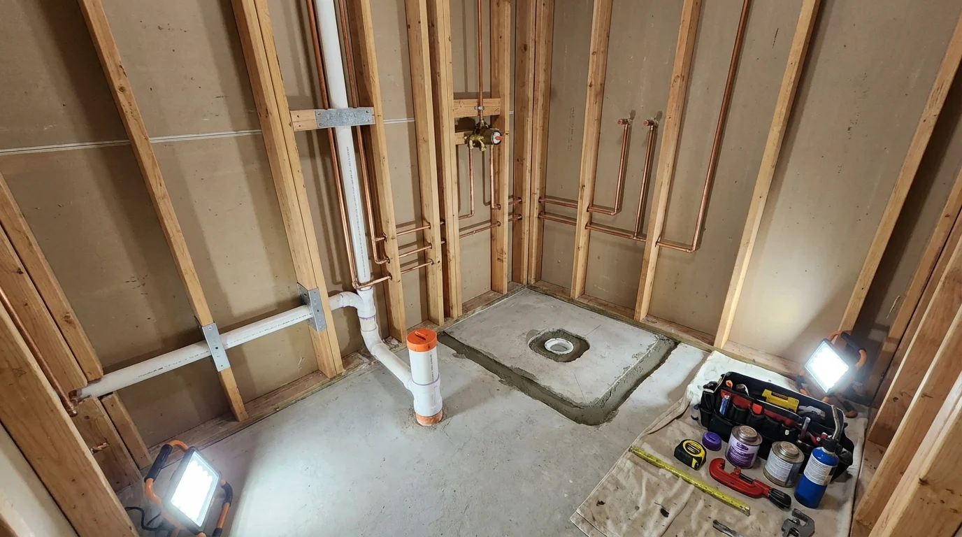 Bathroom rough-in plumbing during remodel by Johns Plumbing LLC in Hilbert