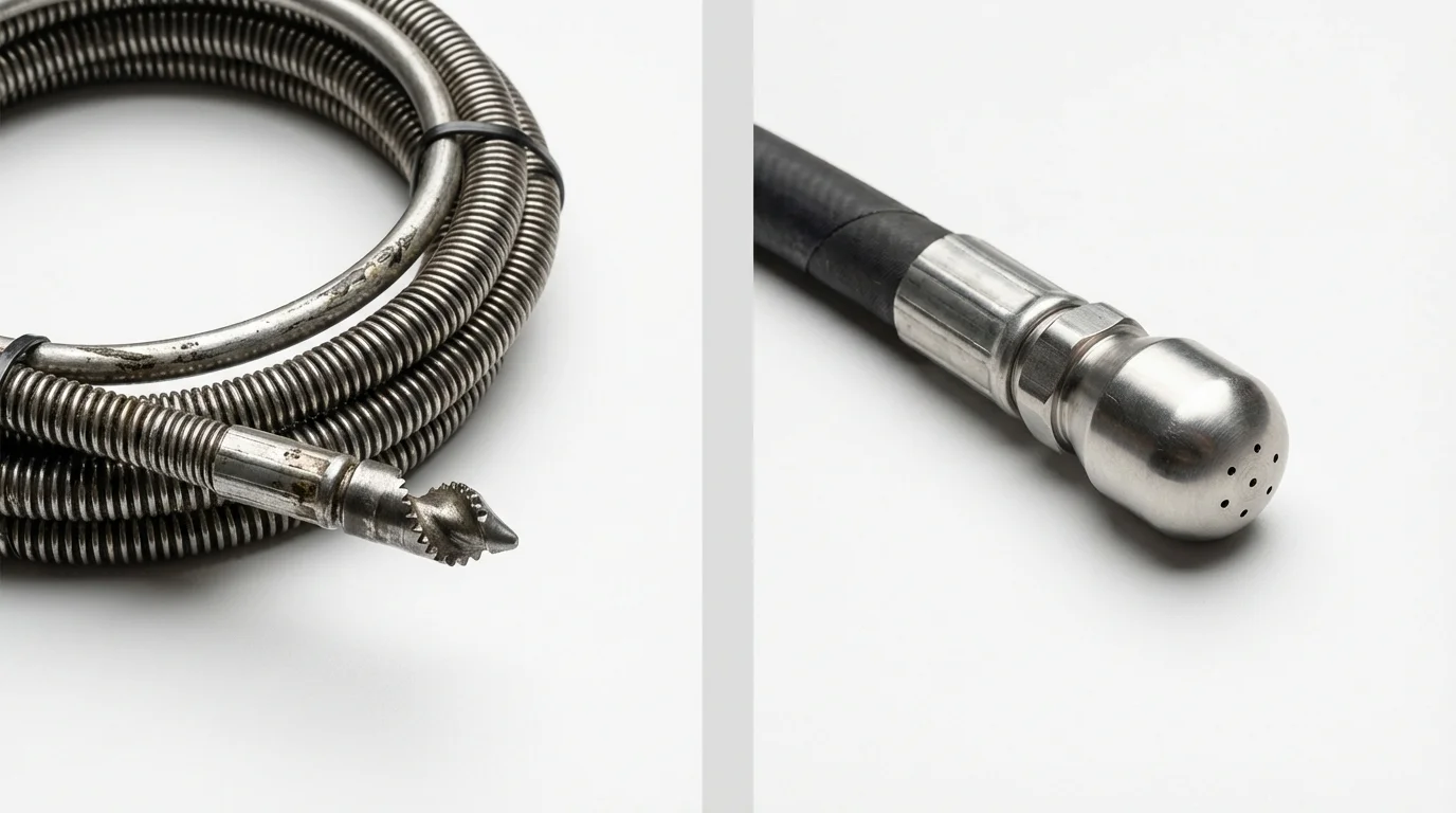 Drain snake cable and hydro jetting nozzle used for drain cleaning in Hilbert, WI