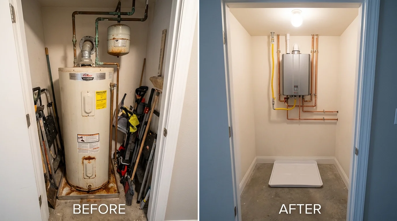 Tank water heater versus wall-mounted tankless unit comparison for Hilbert, WI homeowners