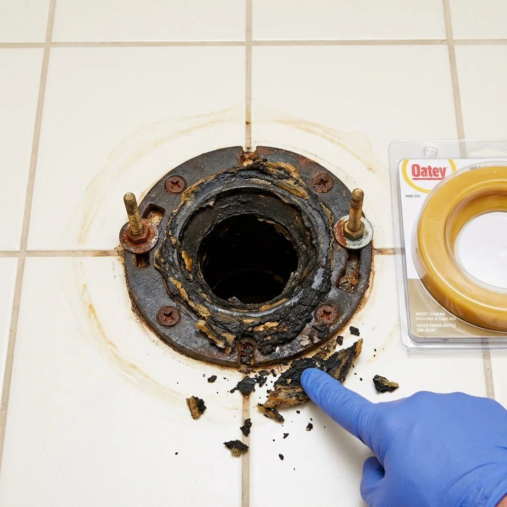 Failed wax ring showing water seepage at the base of a toilet in a Hilbert, WI home