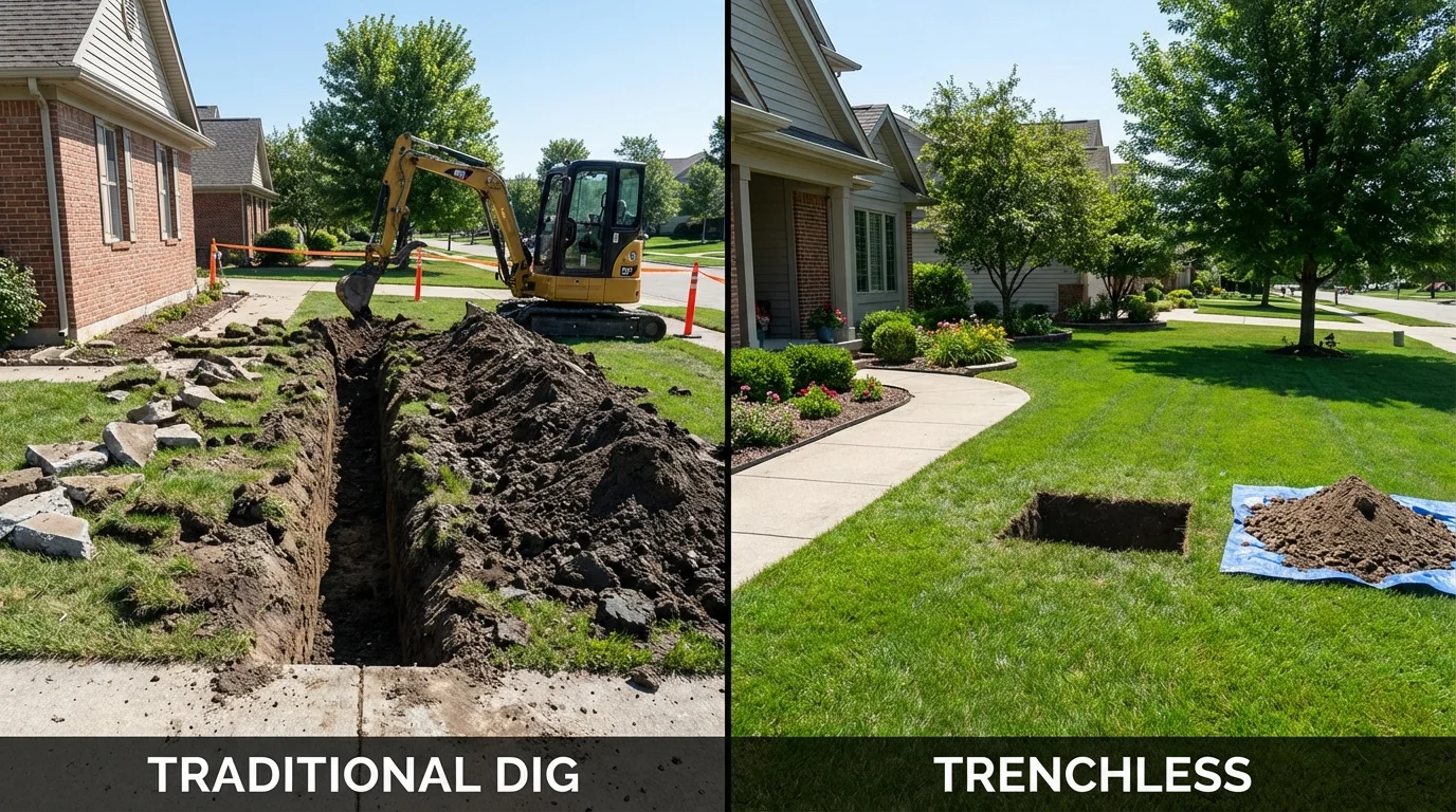 Trenchless sewer repair with minimal yard damage versus traditional excavation in Hilbert, WI