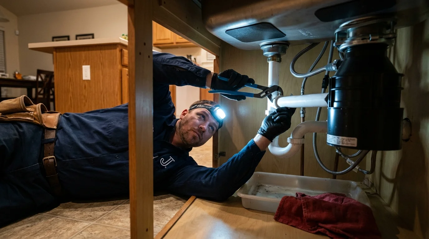 P-trap and supply line connections under a kitchen sink showing a common leak point in Hilbert, WI